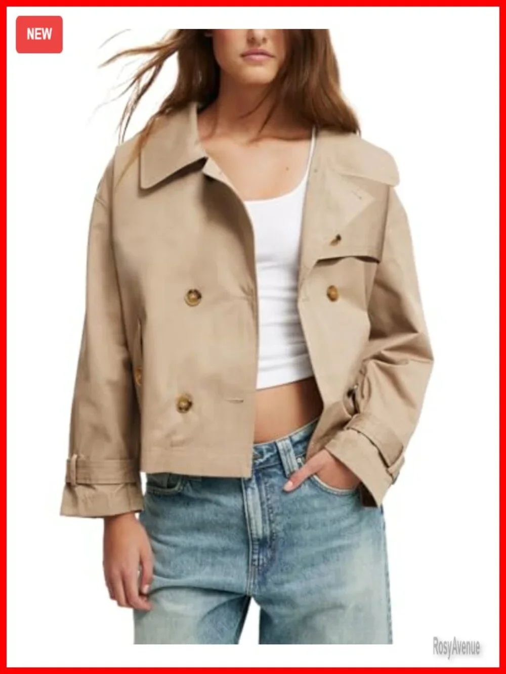 Cropped Trench Coat Double Breasted Notched Lapel Belted Cuffs